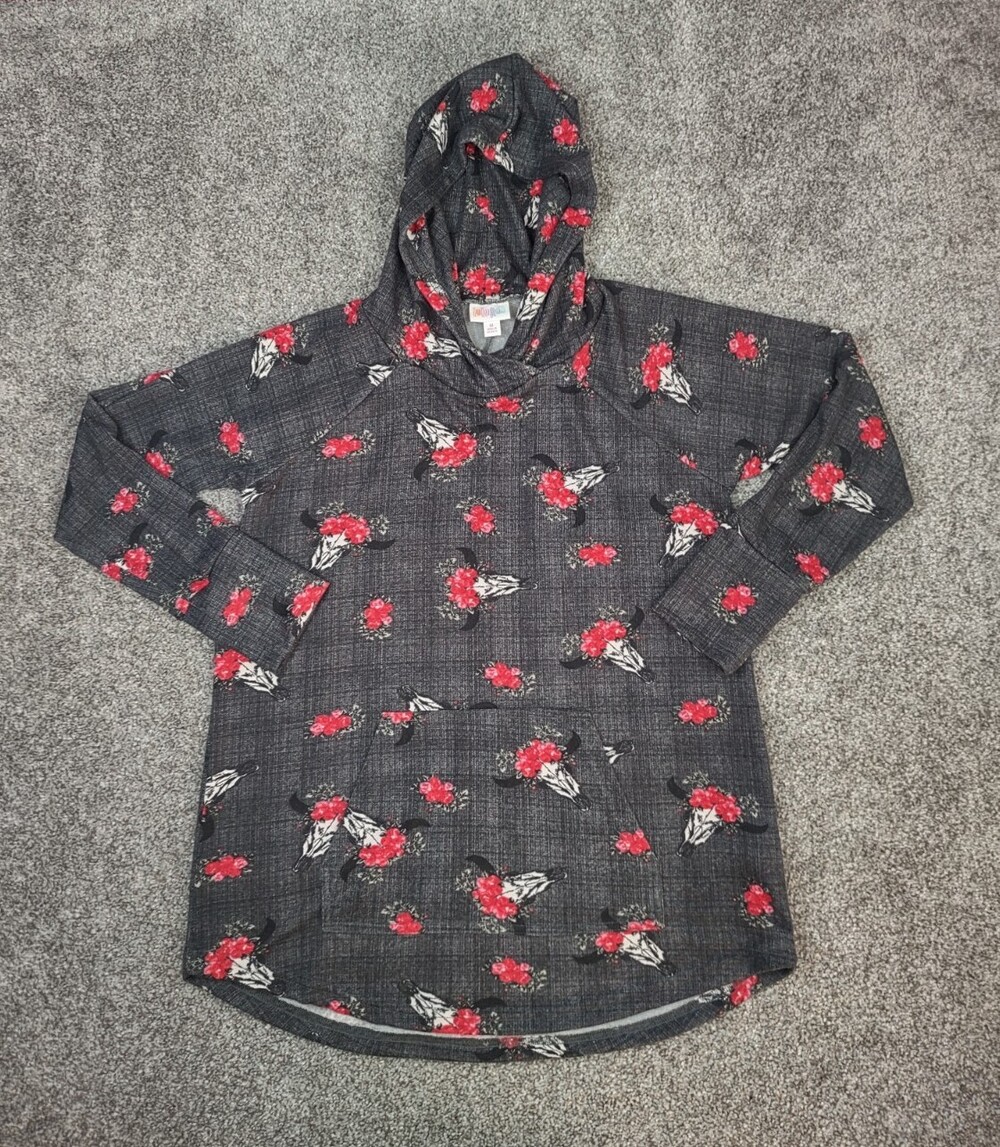 Lularoe Hoodie Women Medium Longhorn Skull Red Roses Horse HTF Sweatshirt